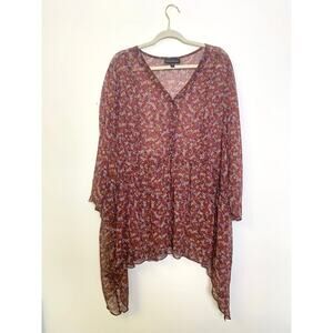 Lane Bryant Blouse 22/24 Burgundy Floral Sheer Boho Romantic Babydoll Tunic 3X